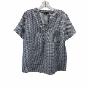 Papermoon Navy White Gingham Split Neck Blouse Short Sleeve Pocket Small